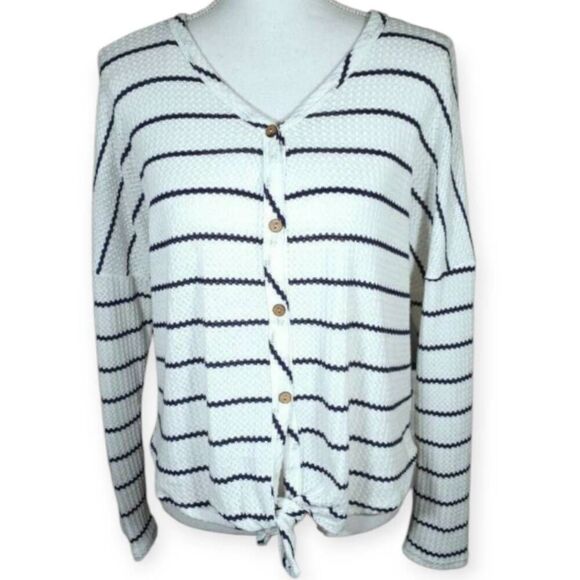 PAPER CRANE WHITE & NAVY STRIPE WAFFLE KNIT BUTTON DOWN SHIRT SZ.M EUC - Picture 1 of 6
